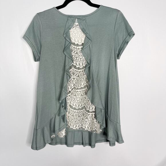 New She + Sky Green Small S Lace Open Back Ruffle Detail Short Sleeve Top Tee - Picture 2 of 10